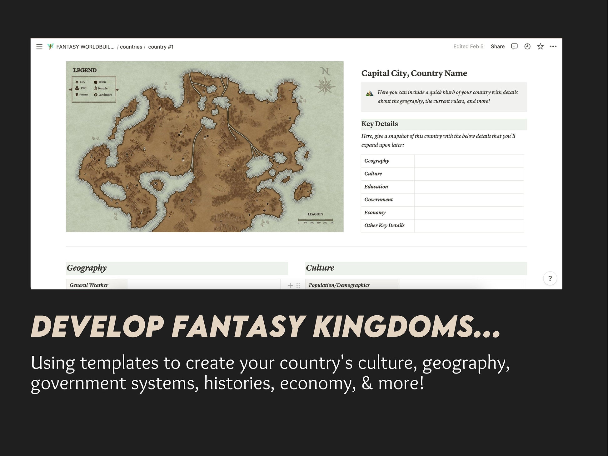 Fantasy Worldbuilding Notion (Novel/D&D/Digital Template)